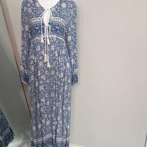 Blue Floral Tassel-Front Maxi Dress